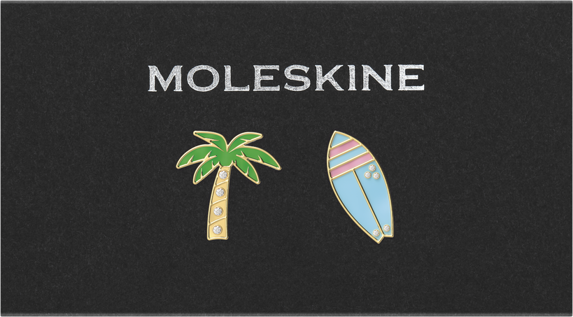 Personalization Pins Set of Two Pins: Palm Tree & Surfboard, US West Coast - Side view